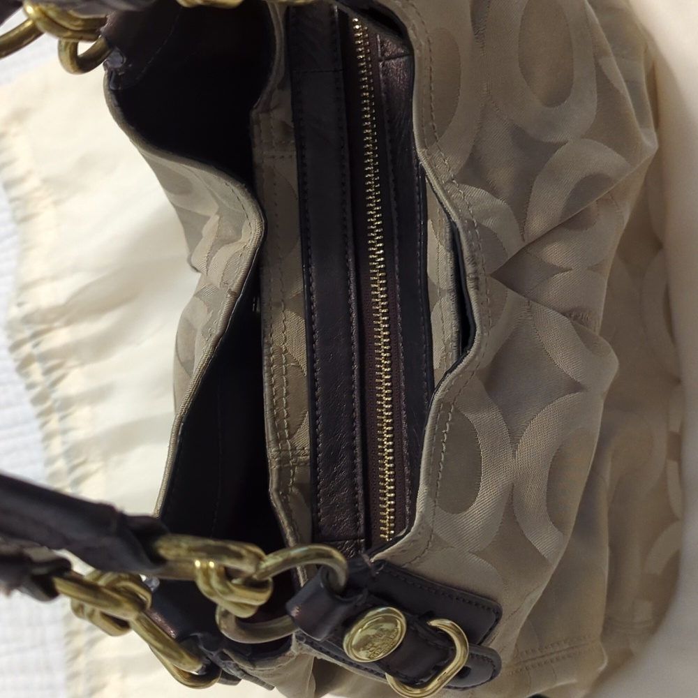 Coach Khaki Purse, Dark Brown Leather and Gold Accents - Picture 3 of 12